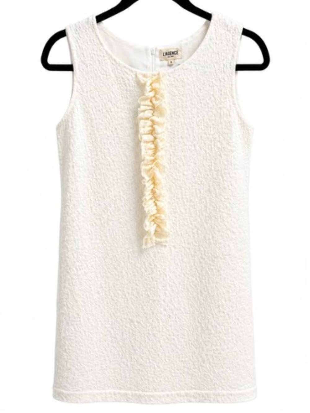 L’AGENCE Women White Sleeveless Textured Shift Dress Ruffle Front Casual Elegant